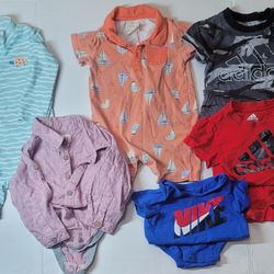 Boys 12 Mo. Variety Of Clothes 15 Pieces. Rompers, Bathing Suit, Bodysuits,etc