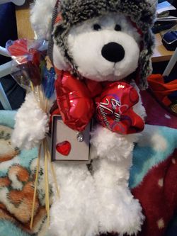 Valentine bear with "sweet treat roses and a beautiful necklace"
