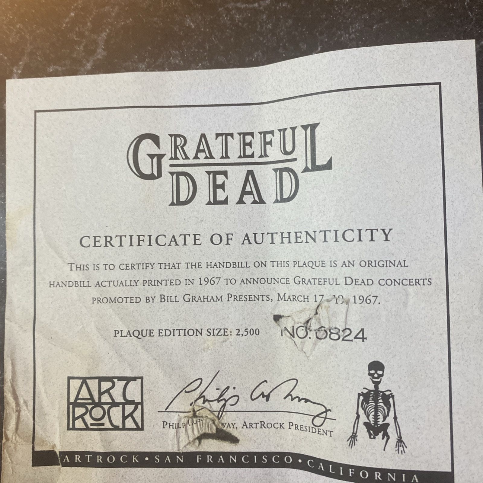 Grateful Dead Original Handbill With Cert Of Authenticity
