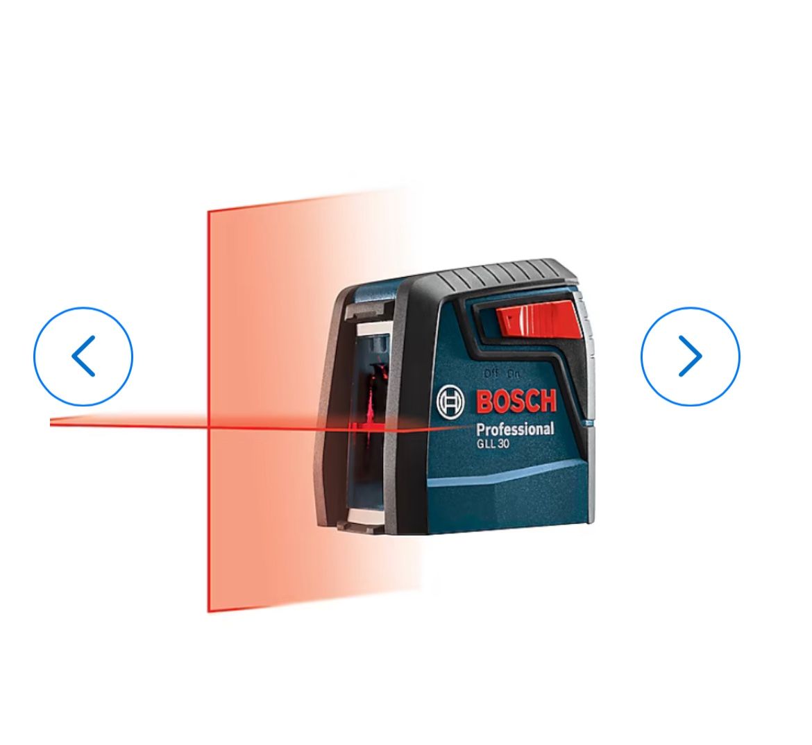 Bosch GLL 30 Self-Leveling Cross-Line Laser Level with its accompanying MM 2 flexible mounting device and a carrying pouch. 