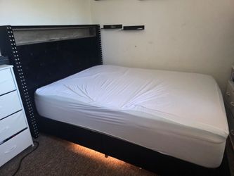 Upholstered Queen Bed Frame with LED Lighting and Storage Headboard