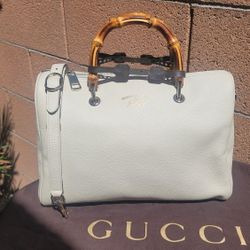 Original-Gucci Off White Large Bamboo Handbag