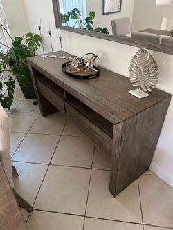 Gray Wood Console Table with Open Shelves plus Mirror