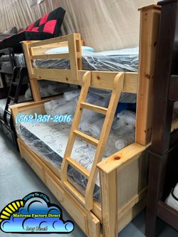 New Natural Solid Pine Wood Double Bunk Bed Twin Full With Trundle Storage Giant Drawer Bundle Set With Mattresses