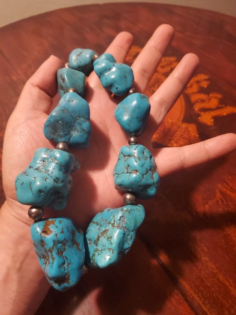 Huge Chunky Turquoise Vintage Native American Necklace