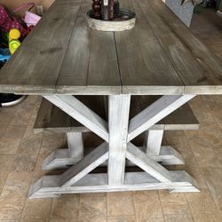 Solid Wood Table With Benches 