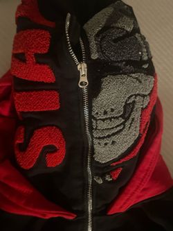 Black and Red Zip-Up Jacket with Skull Chenille Patch hmbl hoodie