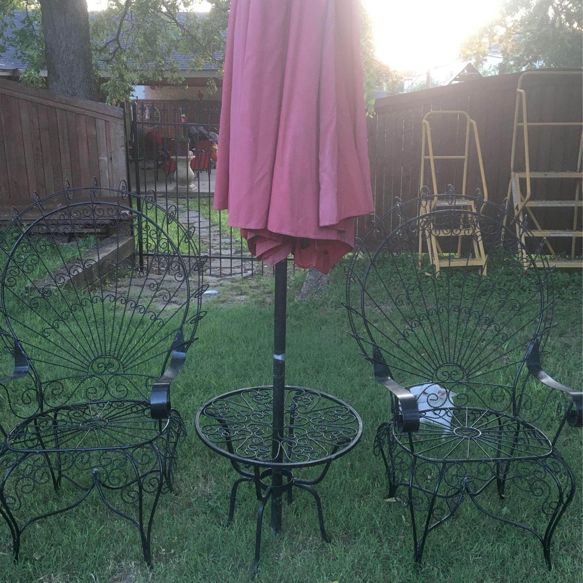 1950s Peacock Wrought Iron Patio Chairs and Table