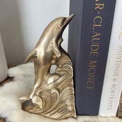 Vintage Pair 2- Solid Brass Heavy Dolphin Bookends Nautical Beach Table Decor Sculptural Collectible Statue Centerpiece Animals Sea Ocean Decor Nautic