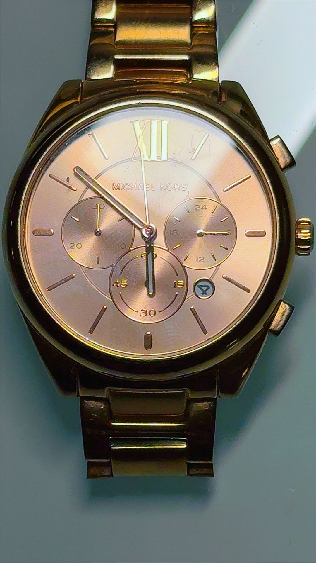 Michael Kors Women's Janelle Chronograph Rose Gold-Tone Stainless Steel Watch, model MK7108.