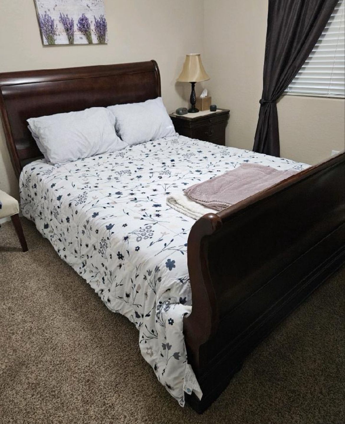 Solid Wood Queen Sleigh Bed With Mattress & Box Spring