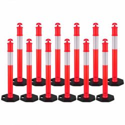 12 Pack Traffic Delineator Posts, 48 inches Traffic Safety Cones with Weighted Base and Reflective Strips, Heavy Duty Delineator Posts for Constructio
