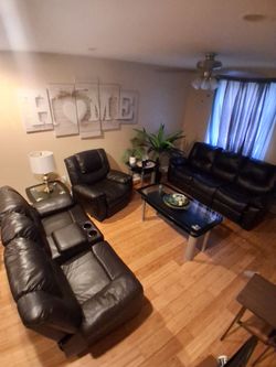 Living Room Reclining Sofa set with Side Glass Tables (adding) center  glass table