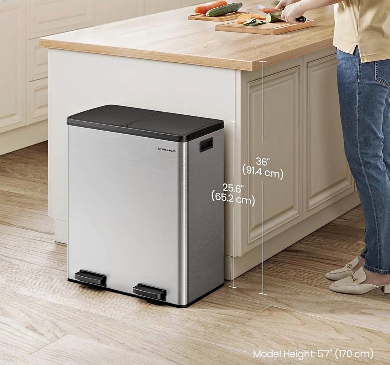 Trash Can, 2 x 8-Gallon Garbage Can for Kitchen, with 15 Trash Bags, 2 Compartments, Plastic Inner Buckets and Hinged Lids, Airtight, Sil