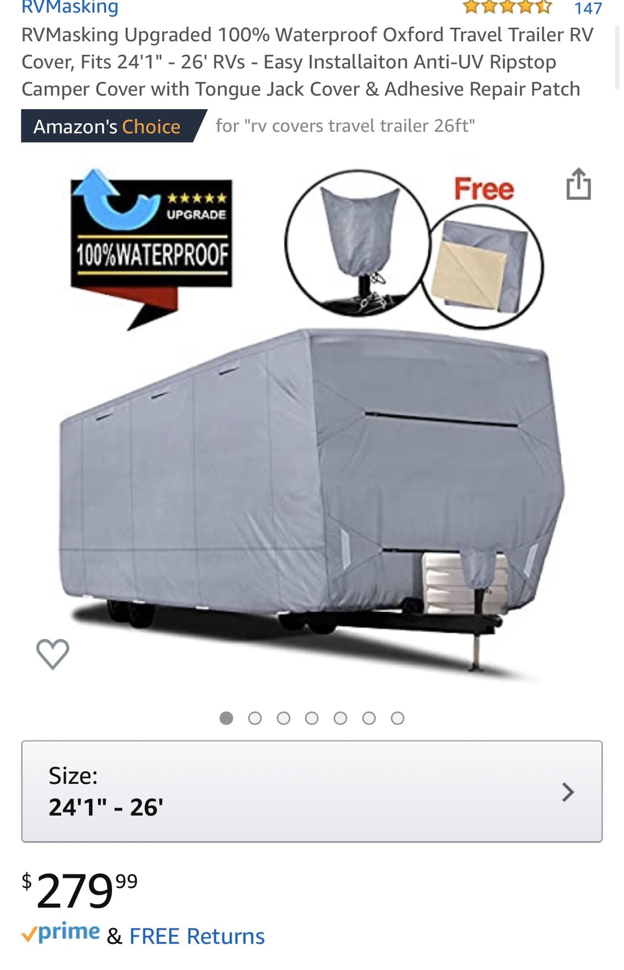 RVMasking Upgraded 100% Waterproof Oxford Travel Trailer RV Cover, Fits 24'1" - 26' RVs - Easy Installaiton Anti-UV Ripstop Camper Cover with Tongue