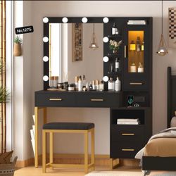 Makeup Vanity Desk with Mirror and Lights & Charging Station, White Vanity Makeup Table Set, RGB LED Cabinet, 5 Drawers & Side Storage Bag, Vanity Mir