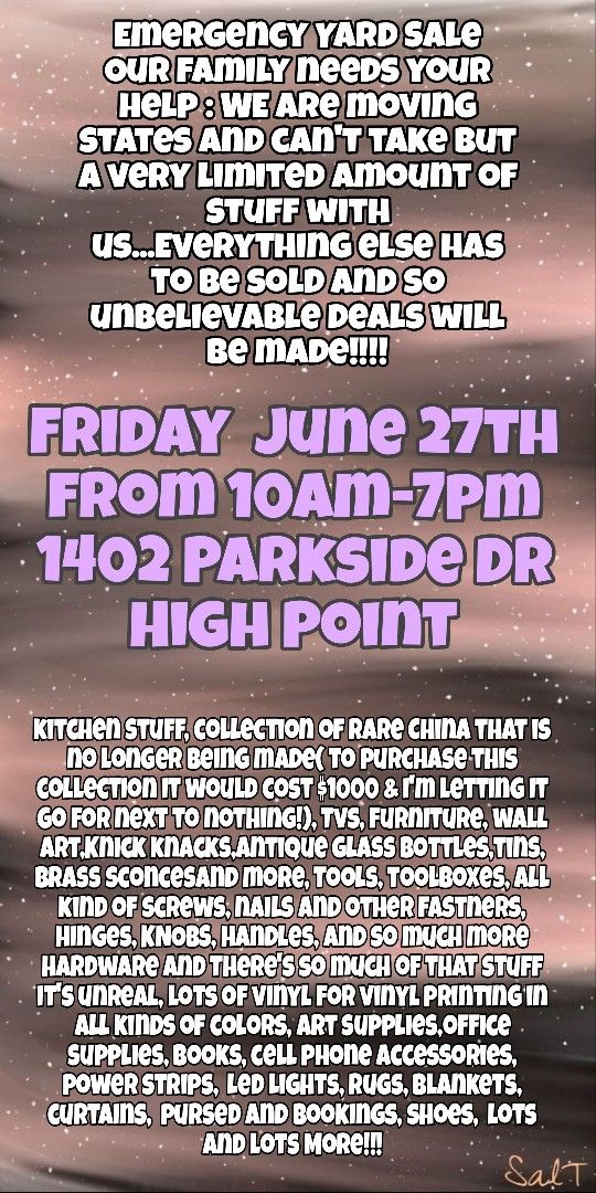 Emergency Moving Sale/ YARD Sale Everything Must Go 1402 Parside Dr 6/27 10am-7pm