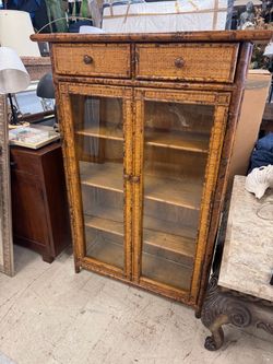 Bamboo and Rattan Glass Door Display Cabinet - 37” x 13” x 53