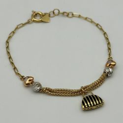 14k three tone CZ stone Bag charm heart fashion 8” bracelet