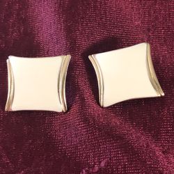 Trifari Clip On Earrings Gold Tone & Ivory Enamel 