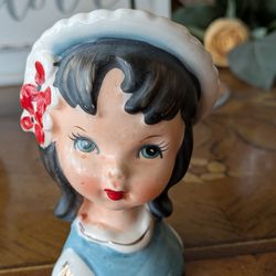 Vintage Mid Century Hand Painted Porcelain China Girl Head Vase~4" Tall