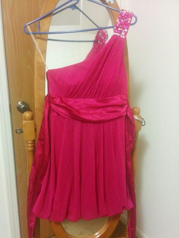 Raspberry One shoulder dress.