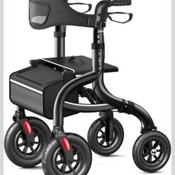 Walkers for Seniors, Rollator Walker with Seat and Backrest, 10" Big Wheels All Terrain, Rolling Walker Foldable Supports 350lb, Lightweight & Height 