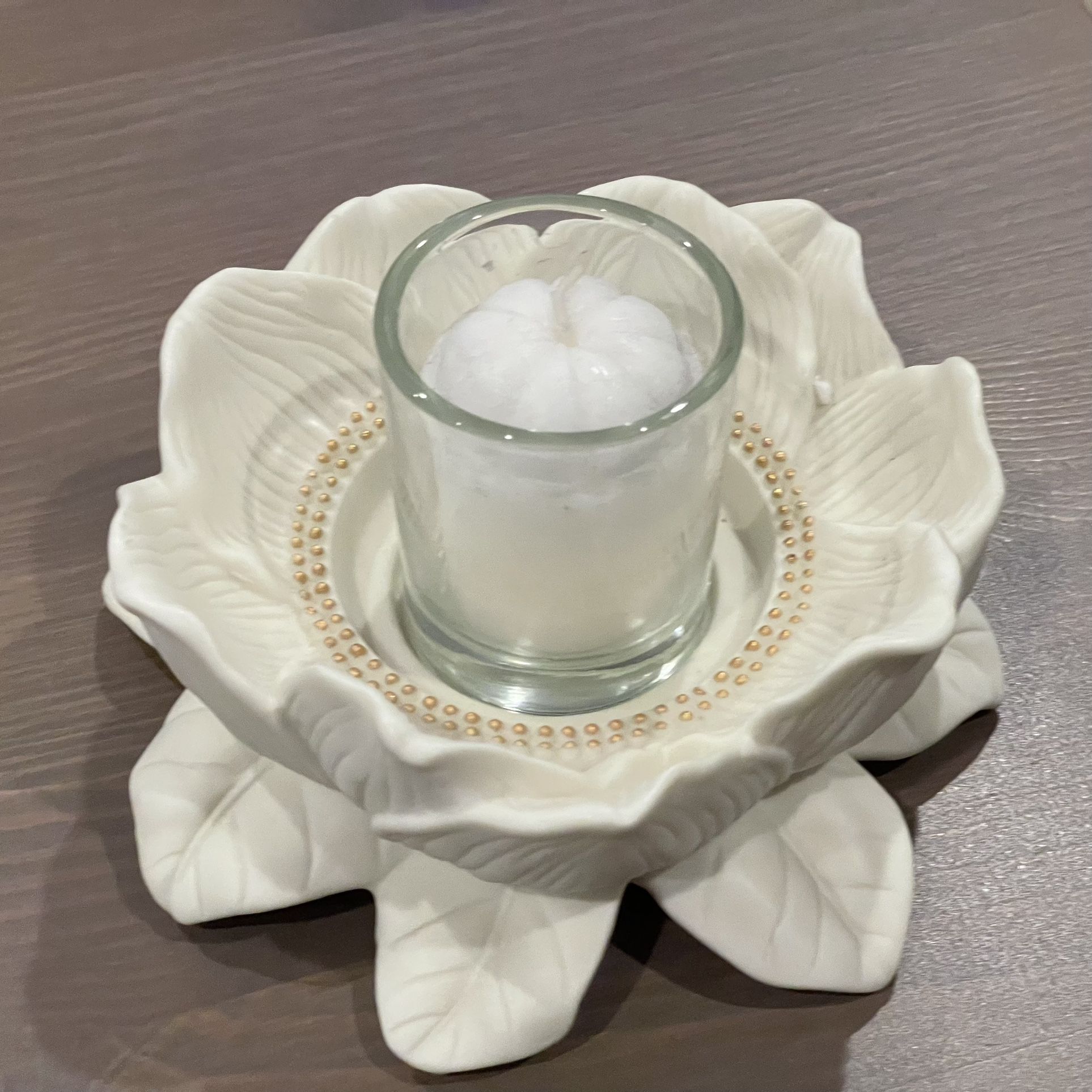 Vintage Partylite Bisque Porcelain Magnolia Lotus Flower Blossom Candle Holder w/ Pillar Candle