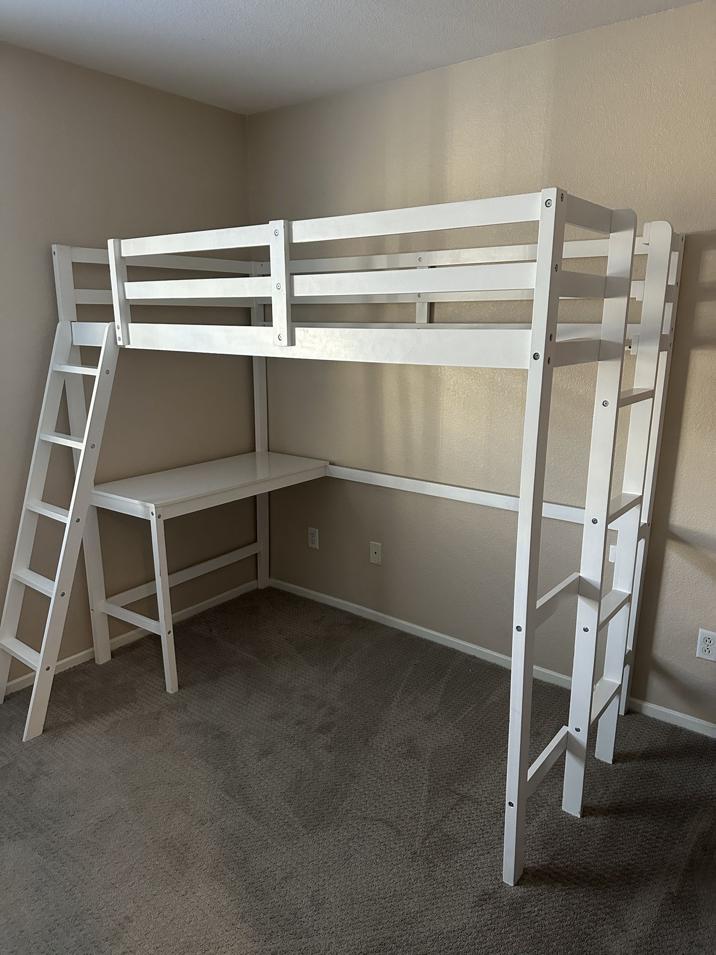 White Twin Size Loft Bed Frame w/ Built In Desk