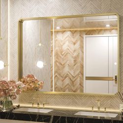 TETOTE 40 x 30 Inch Gold Bathroom Mirror, Brushed Brass Metal Frame Mirror for Vanity, Rectangle Wall Mounted Golden Modern Mirror (Horizontal/Vertica