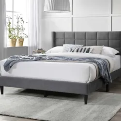 Queen Size Grey linen bed w Orthopedic Mattress