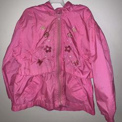 Izzi’s Kids Pink Flower Butterfly Rain Coat Jacket L Size 4 Zip Up Hooded Nylon