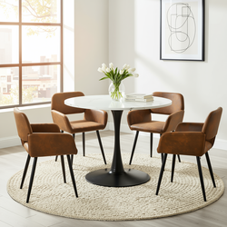 Homy Casa Clift 5PC Dining Set 39.4” Square White Marble Table with 4 Mayfair Suede Brown Upholstered Chairs, Black Base