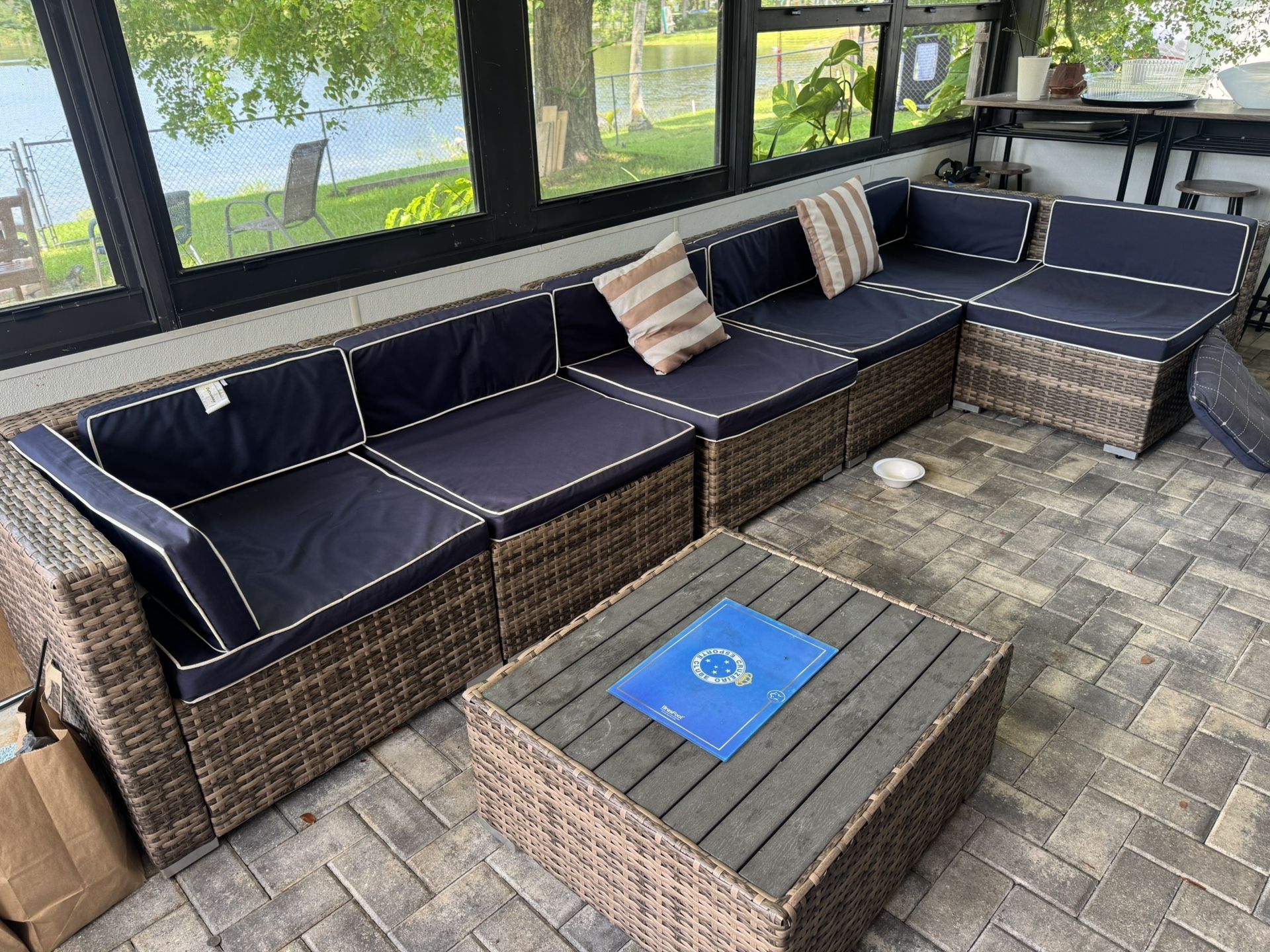 7-Piece Patio Furniture Set, Outdoor Wicker Conversation Set, All Weather PE Rattan Sectional Sofa Set with Cushions and Faux Wood Table, Stripe Pillo