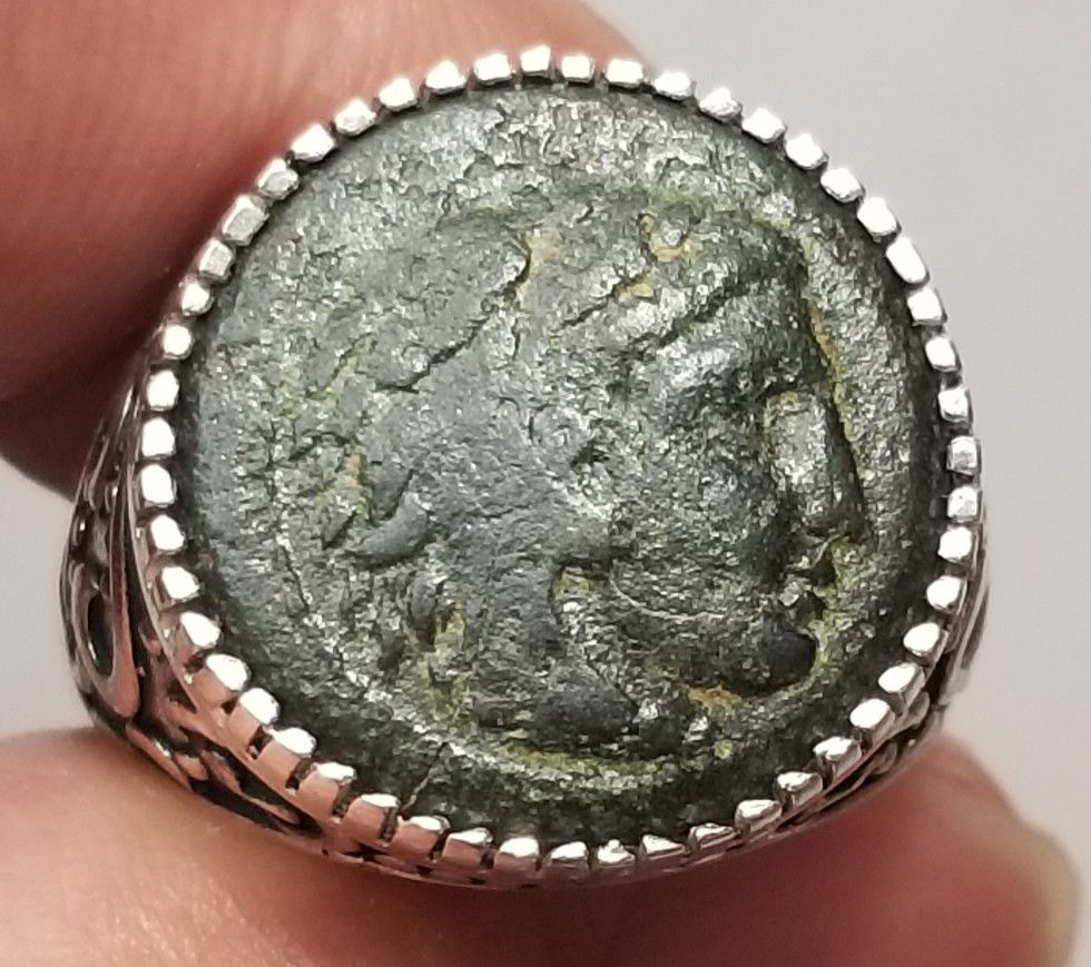 Authentic Ancient Greek Bronze Coin of Alexander III The Great 925 Solid Sterling Silver Ring 