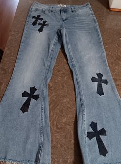 Women's Fashion Nova flare leg cross patch Y2K streetwear light wash size 5