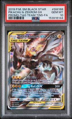 2019 P.M. SM BLACK STAR PIKACHU & ZEKROM GX PROMO-TAG TEAM TINS-FA #SM168 PSA 10