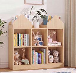 Toy Storage Organizer with 4 Book Racks and 6 Open Cubbies, Castle Design Kids Bookshelf and Toy Storage, Toddler Bookshelf Toy Chest Toy Box for Play