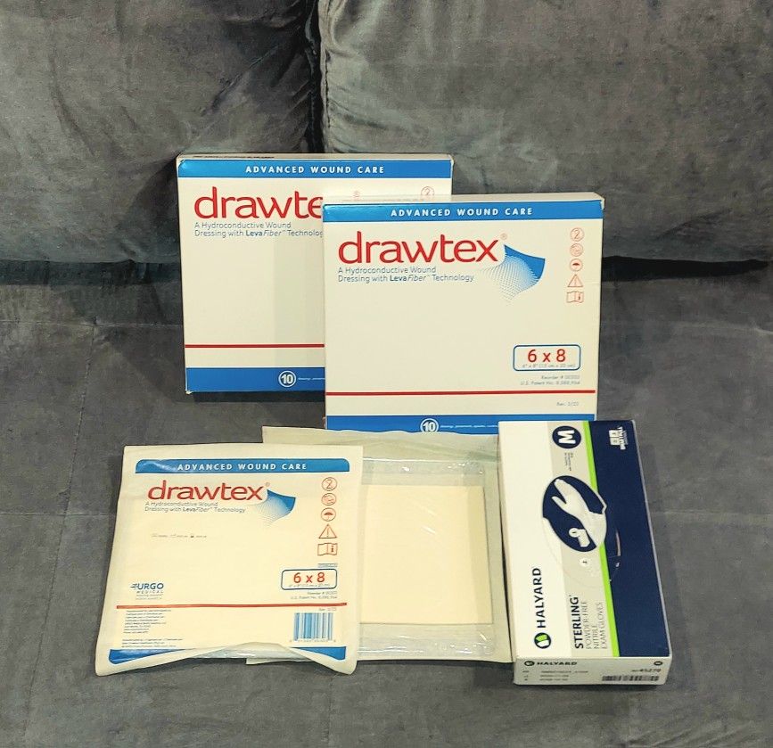 2 NEW BOXES OF DRAWTEX 6" x 8" HYDROCONDUCTIVE WOUND DRESSING WITH LEVAFIBER BY URGO MEDICAL INCLUDES FREE BOX OF M GLOVES