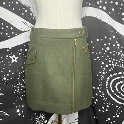 J.Crew Wool Blend Motorcycle Mini Skirt Gold Accents Lined Army Green Womens 00