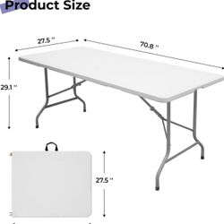 Folding Table 6ft Portable Heavy Duty Plastic Fold-in-Half Utility Foldable Table Plastic Dining Indoor Outdoor for Camping, Picnic and Party, White