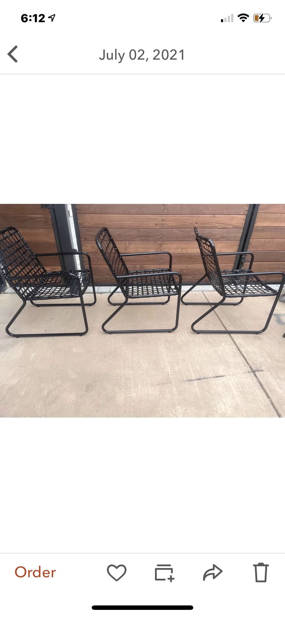 Set of three brown Jordan outdoor patio chairs vantage