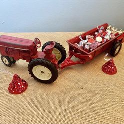  Shabby Vintage ERTL Red chippy Farm Tractor and ERTL RED Hay Spreader #(contact info removed) Table Decor
