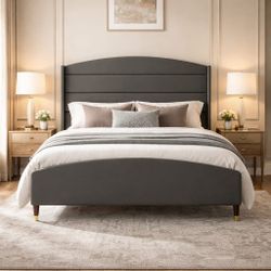 King Bed Frame 50.4" High Wingback Headboard Velvet Upholstered Bed/No Box Spring Required/Wood Slat Support/Easy Assembly (Beige
