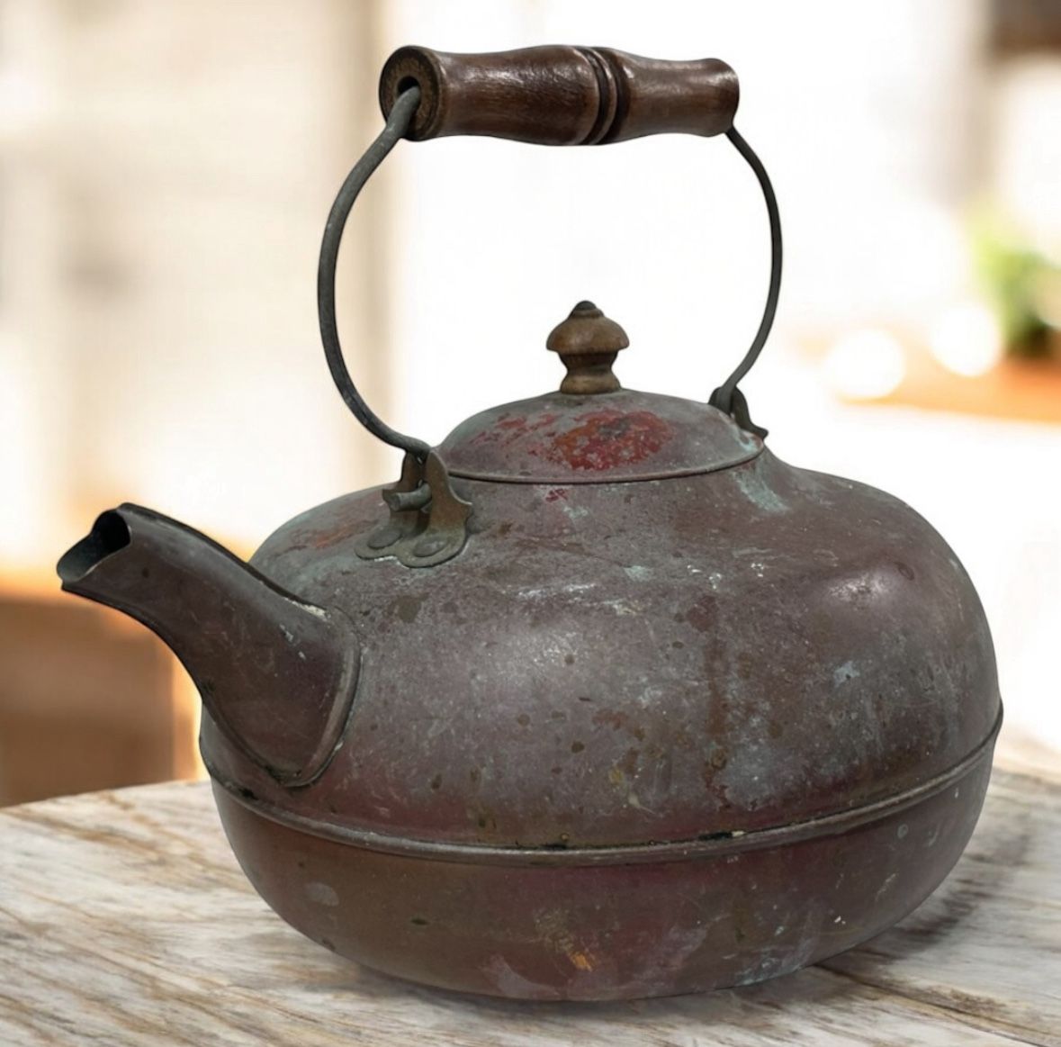 Vintage Revere Ware 1801 Copper Kettle w/ Wooden Handle – Rome NY – Aged Patina