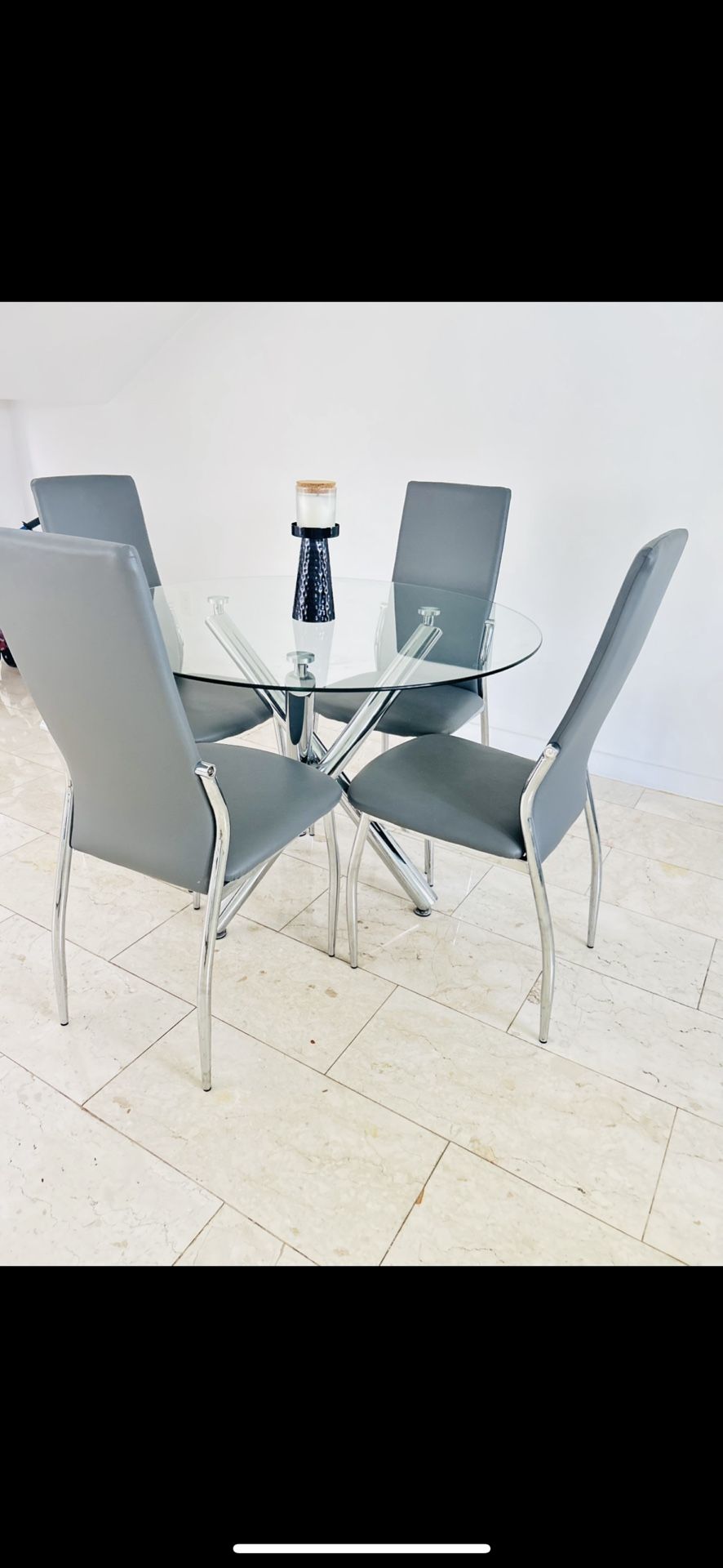 Modern Glass Dining Table with 4 Grey Chairs Set