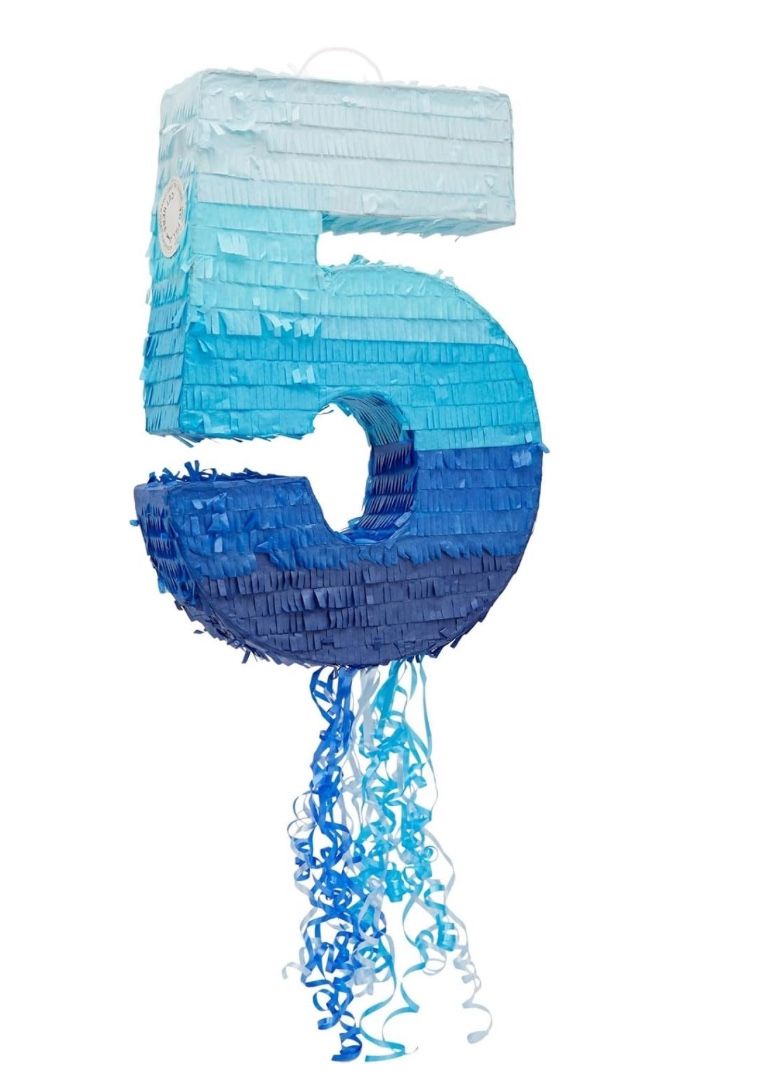 Ombré Blue Number 5 Pull String Piñata Party Game For Kids w/ Rainbow Confetti