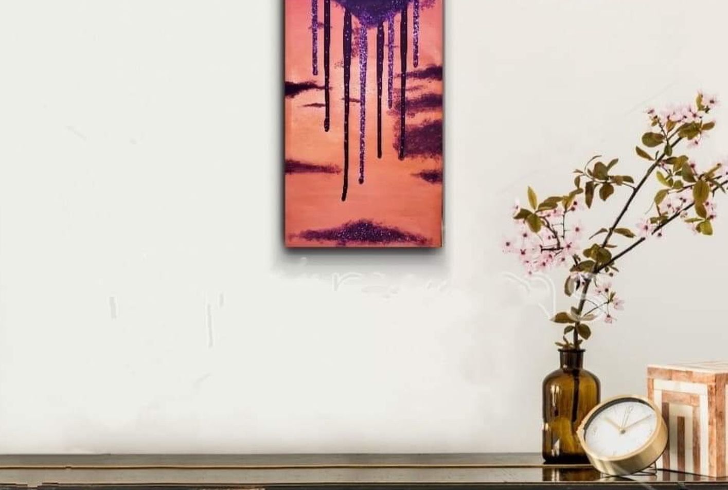 Purple Orange Cloud Heart Drip Painting Valentines Art