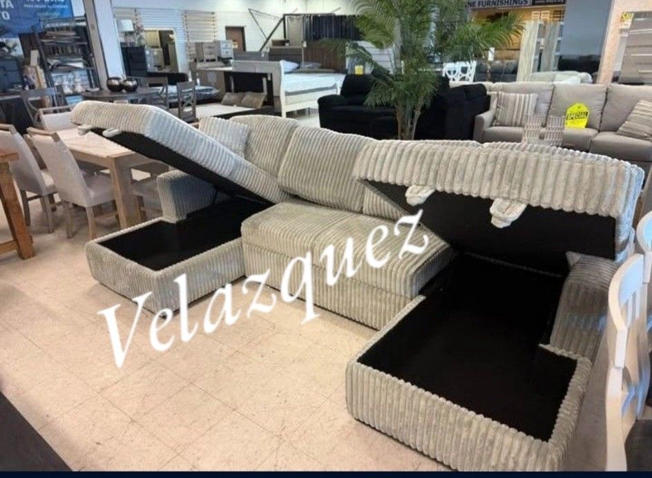 ✅️✅️3 pc Ash grey corduroy fabric sectional sofa with double storage chaise and pop up sleep area in center✅️