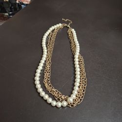 Vintage Fashion Jewelry Faux Pearl And Goldtone Chain Multiple Strand Necklace 22"